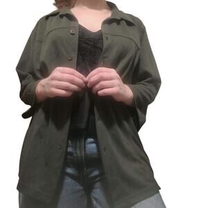 Kathy Ireland Faux Suede Green Button Blouse Top-1X